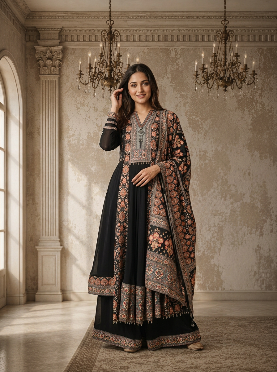 Black Georgette Ethnic Floral Printed Three Piece Set
