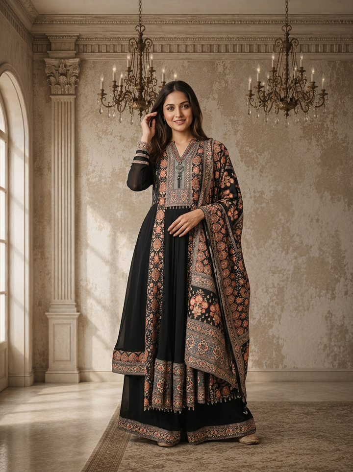 Black Georgette Ethnic Floral Printed Three Piece Set