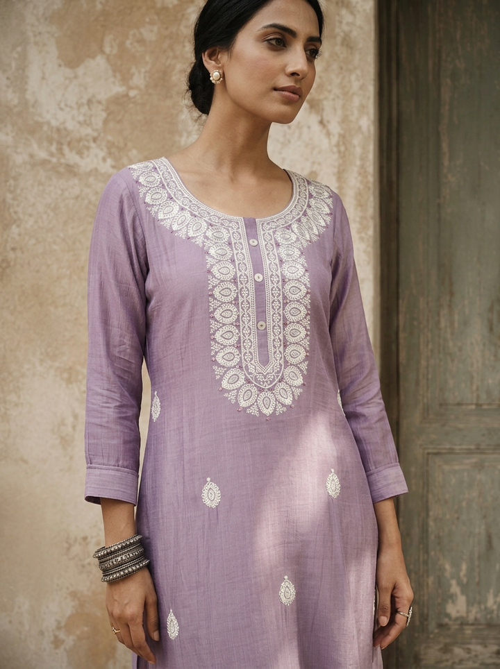 Lavender Rayon Ethnic Embroidered Kurta