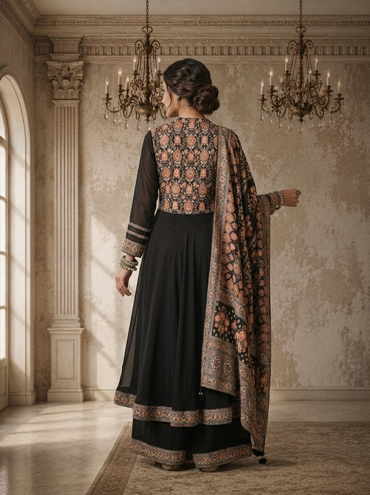 Black Georgette Ethnic Floral Printed Three Piece Set