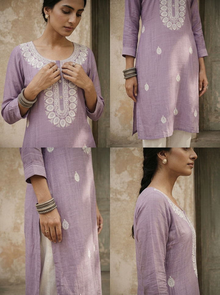 Lavender Rayon Ethnic Embroidered Kurta