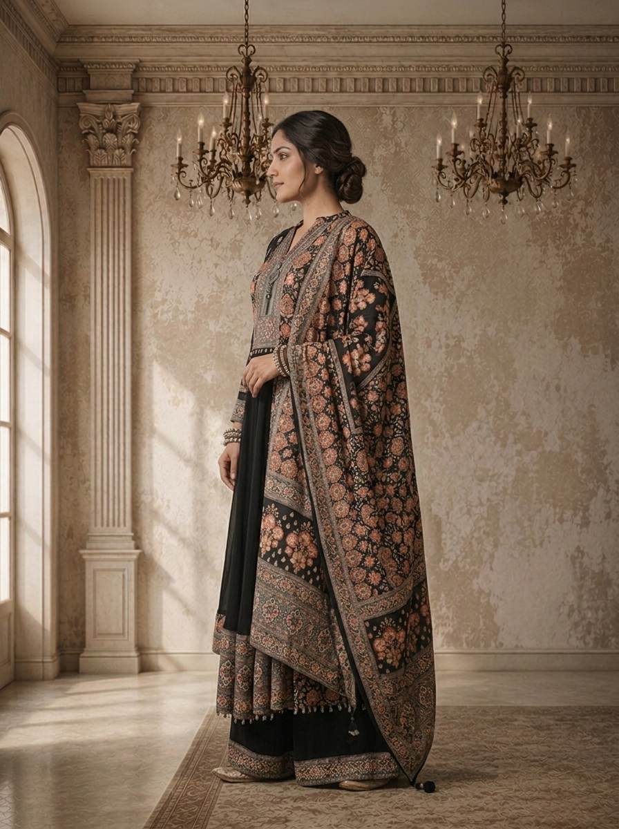 Black Georgette Ethnic Floral Printed Three Piece Set