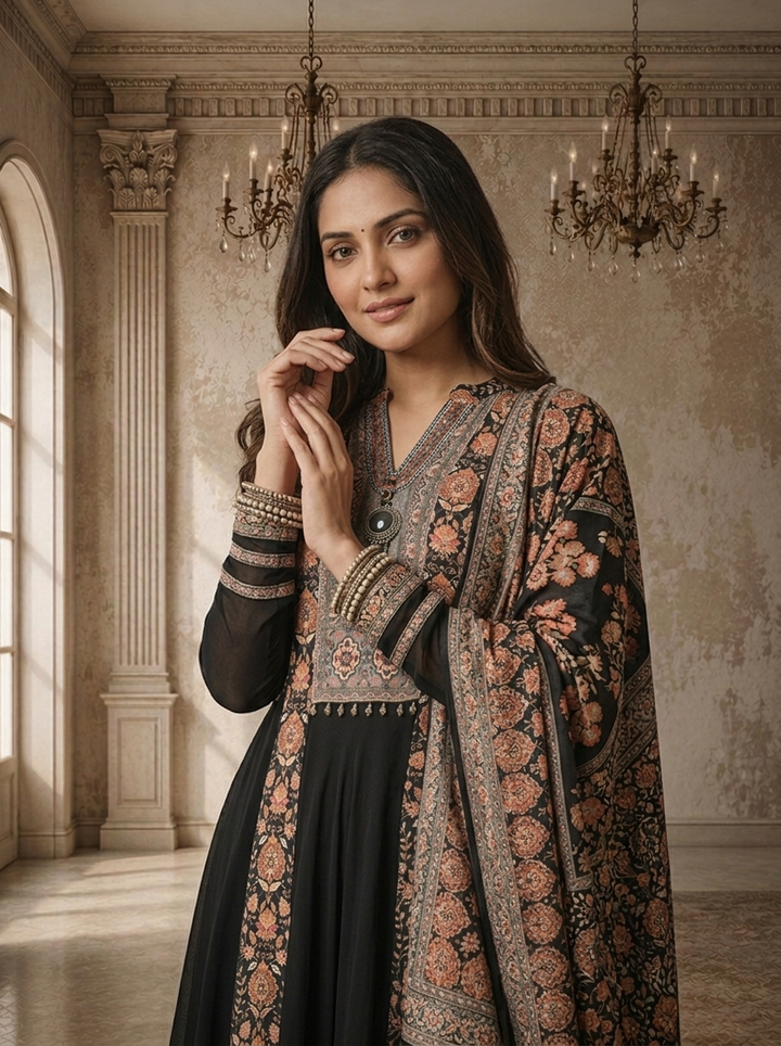 Black Georgette Ethnic Floral Printed Three Piece Set