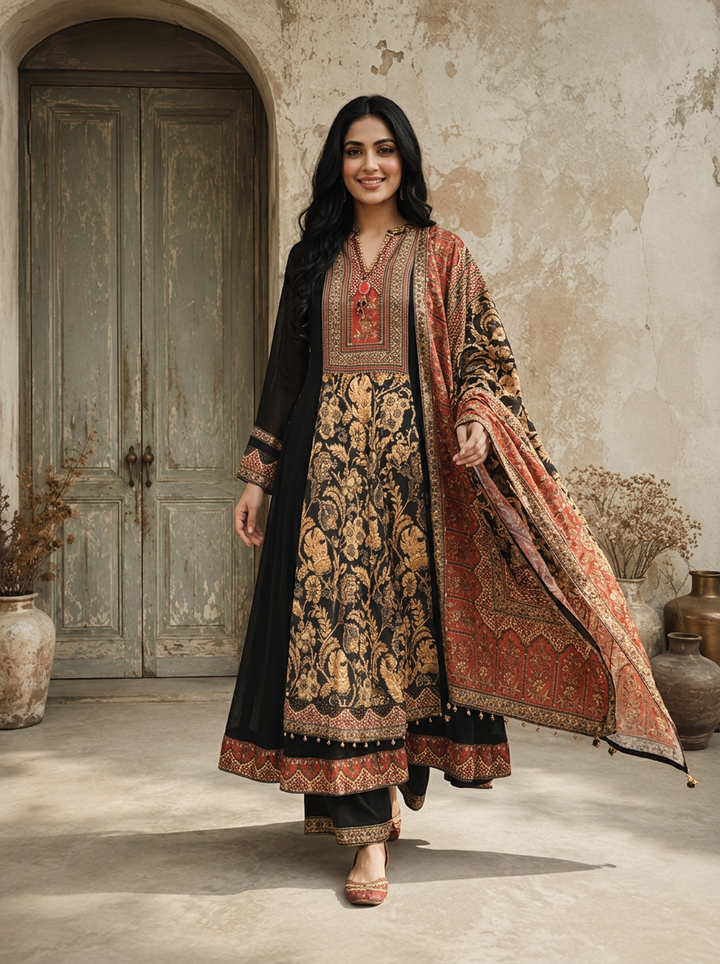 Black Georgette Ethnic Floral Jaal Printed Three Piece Set