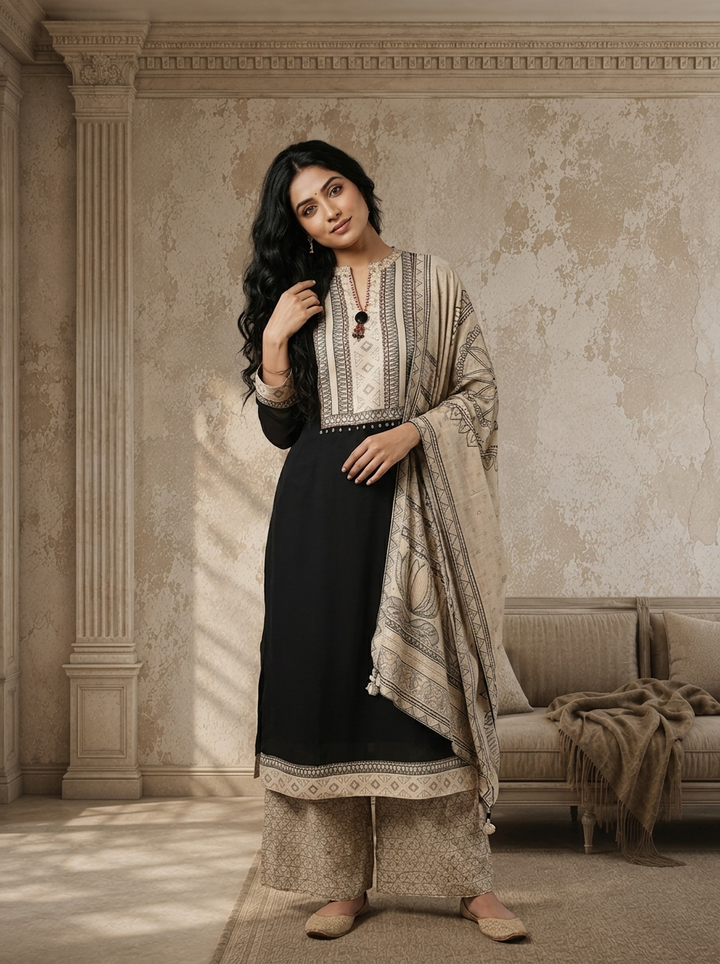 Black Georgette Geometric Printed Three Piece Set
