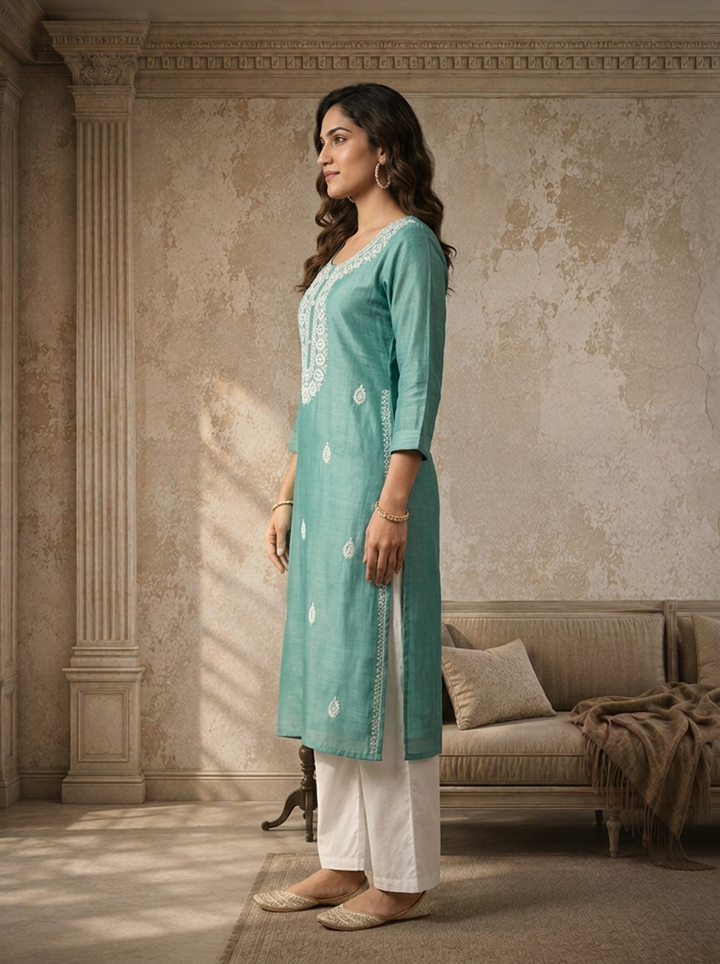 Aqua Rayon Ethnic Embroidered Kurta