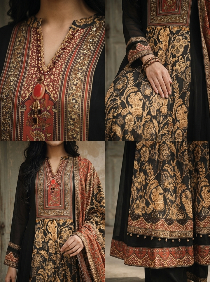 Black Georgette Ethnic Floral Jaal Printed Three Piece Set