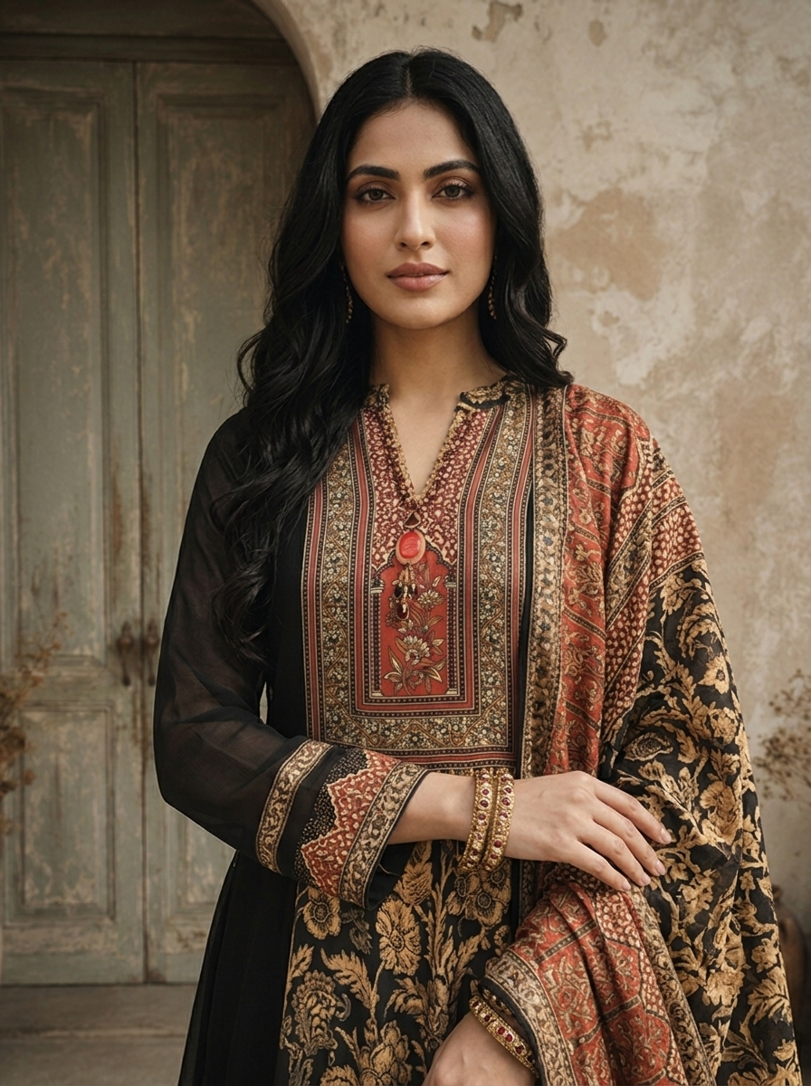 Black Georgette Ethnic Floral Jaal Printed Three Piece Set