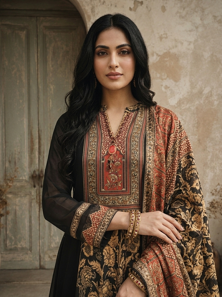 Black Georgette Ethnic Floral Jaal Printed Three Piece Set