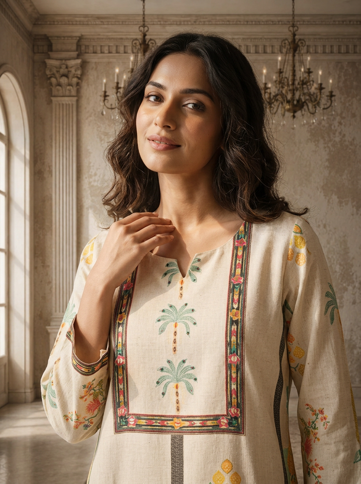 Off White Cotton Scenic Landscape Printed Kurta