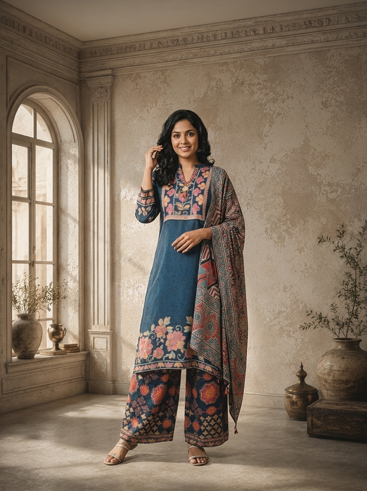 Teal Blue Crepe Floral And Ethnic Printed Three Piece Set