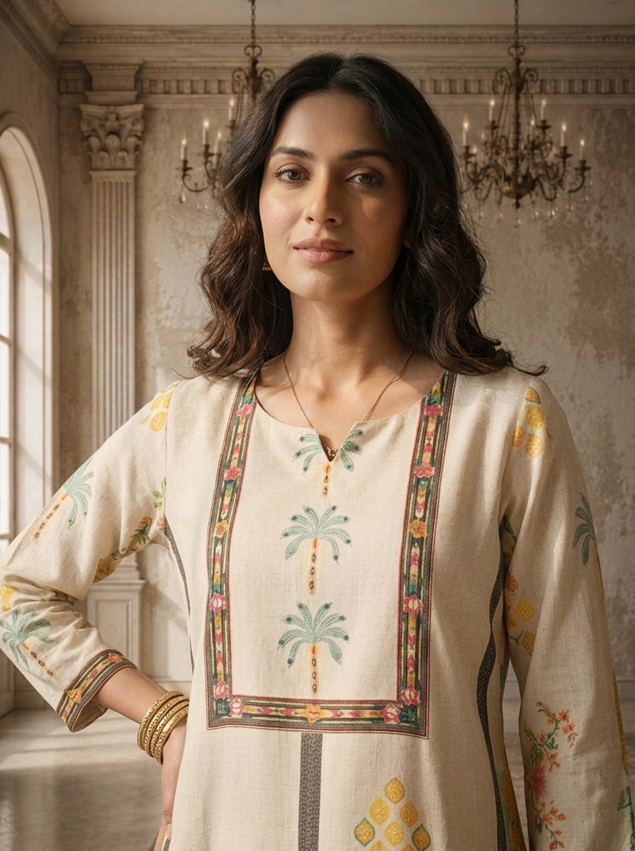 Off White Cotton Scenic Landscape Printed Kurta