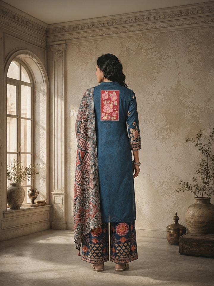 Teal Blue Crepe Floral And Ethnic Printed Three Piece Set
