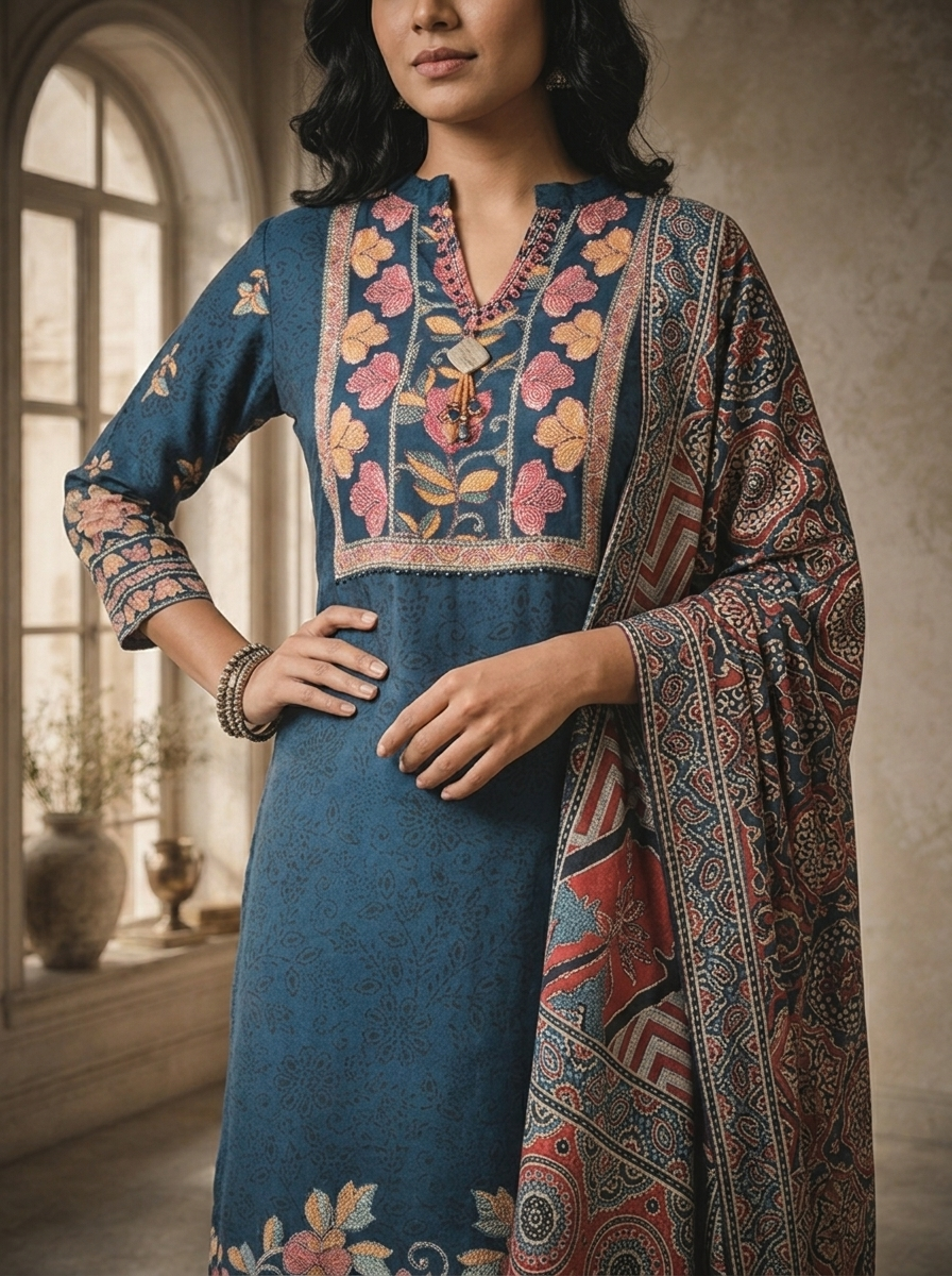 Teal Blue Crepe Floral And Ethnic Printed Three Piece Set