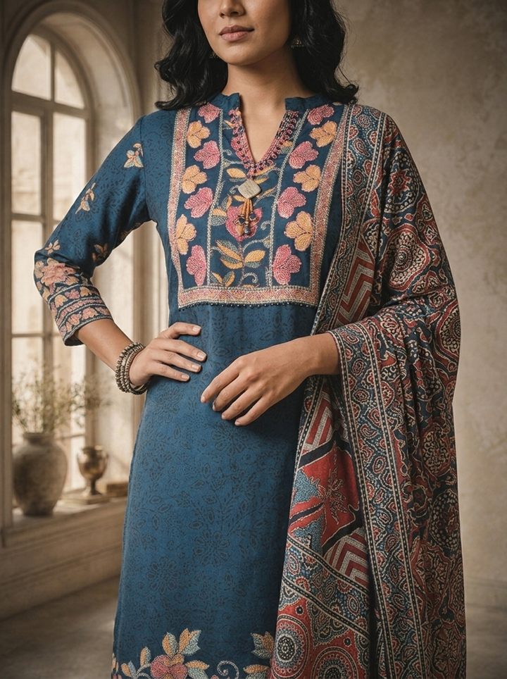 Teal Blue Crepe Floral And Ethnic Printed Three Piece Set