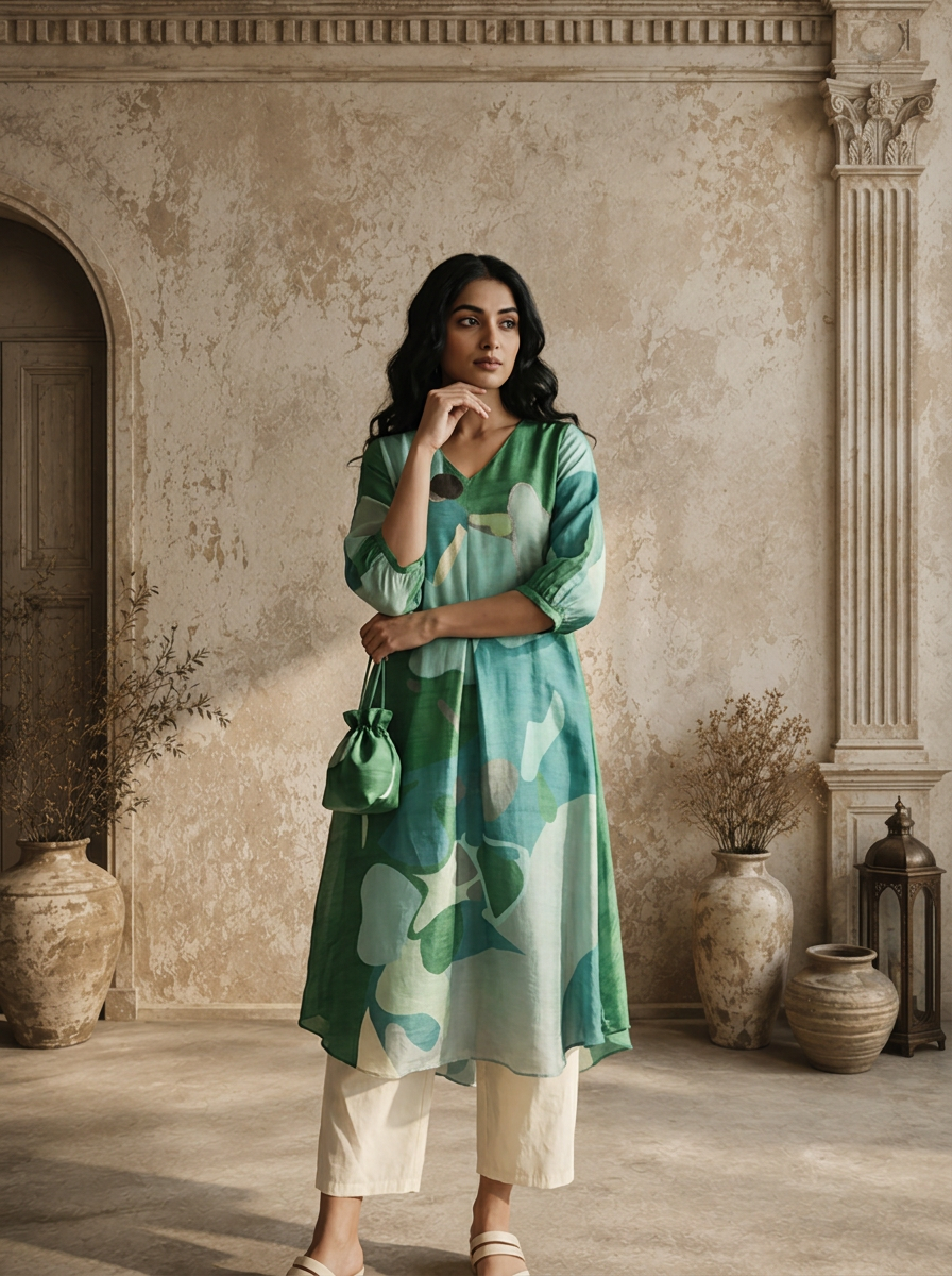 Aqua Silk Abstract Patch Printed Kurta