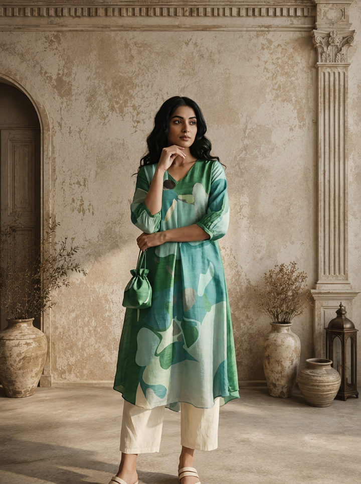 Aqua Silk Abstract Patch Printed Kurta