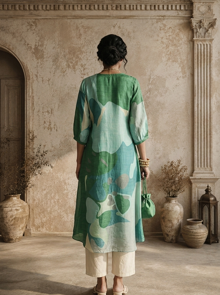Aqua Silk Abstract Patch Printed Kurta