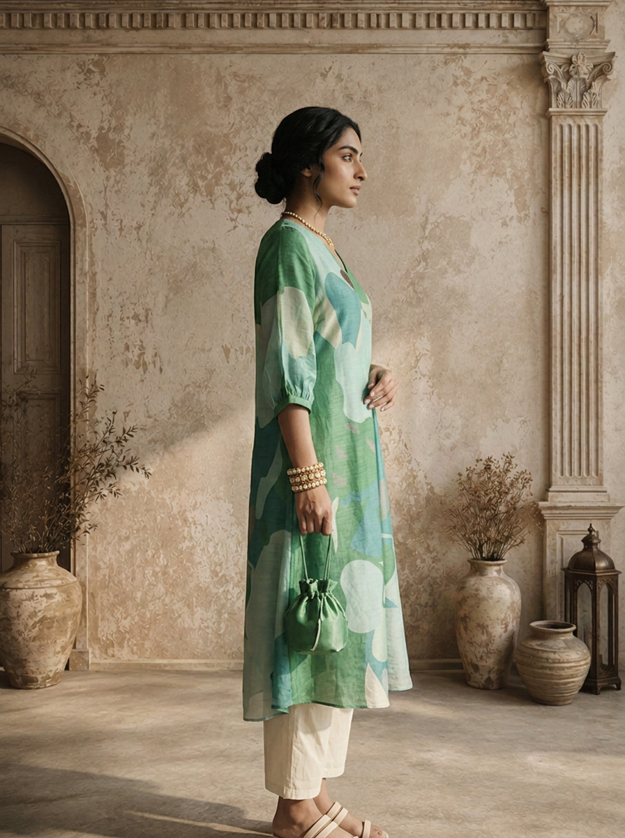 Aqua Silk Abstract Patch Printed Kurta