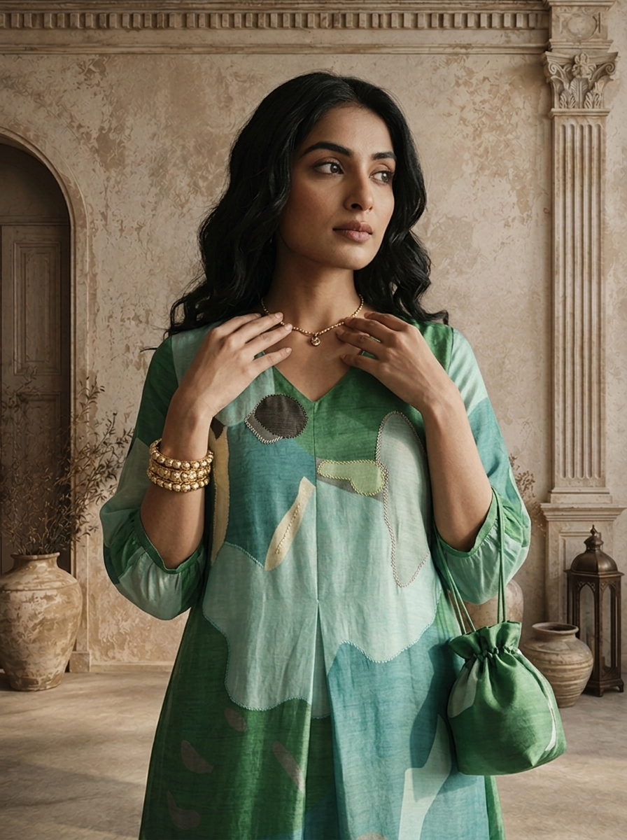 Aqua Silk Abstract Patch Printed Kurta