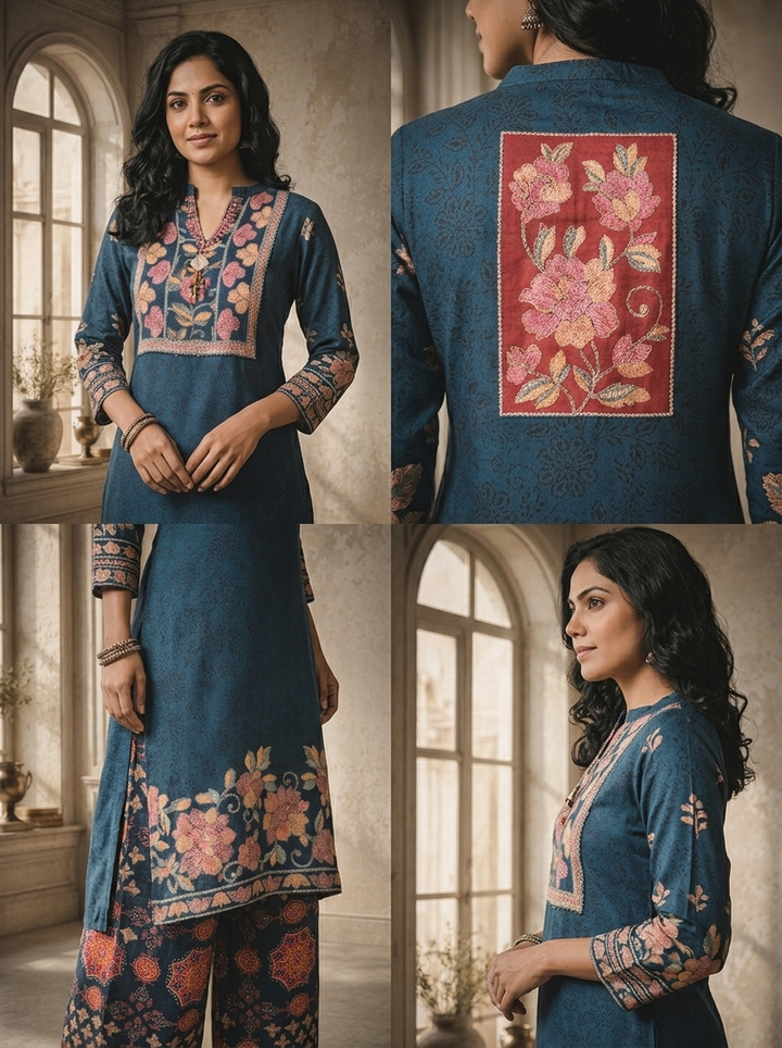 Teal Blue Crepe Floral And Ethnic Printed Three Piece Set
