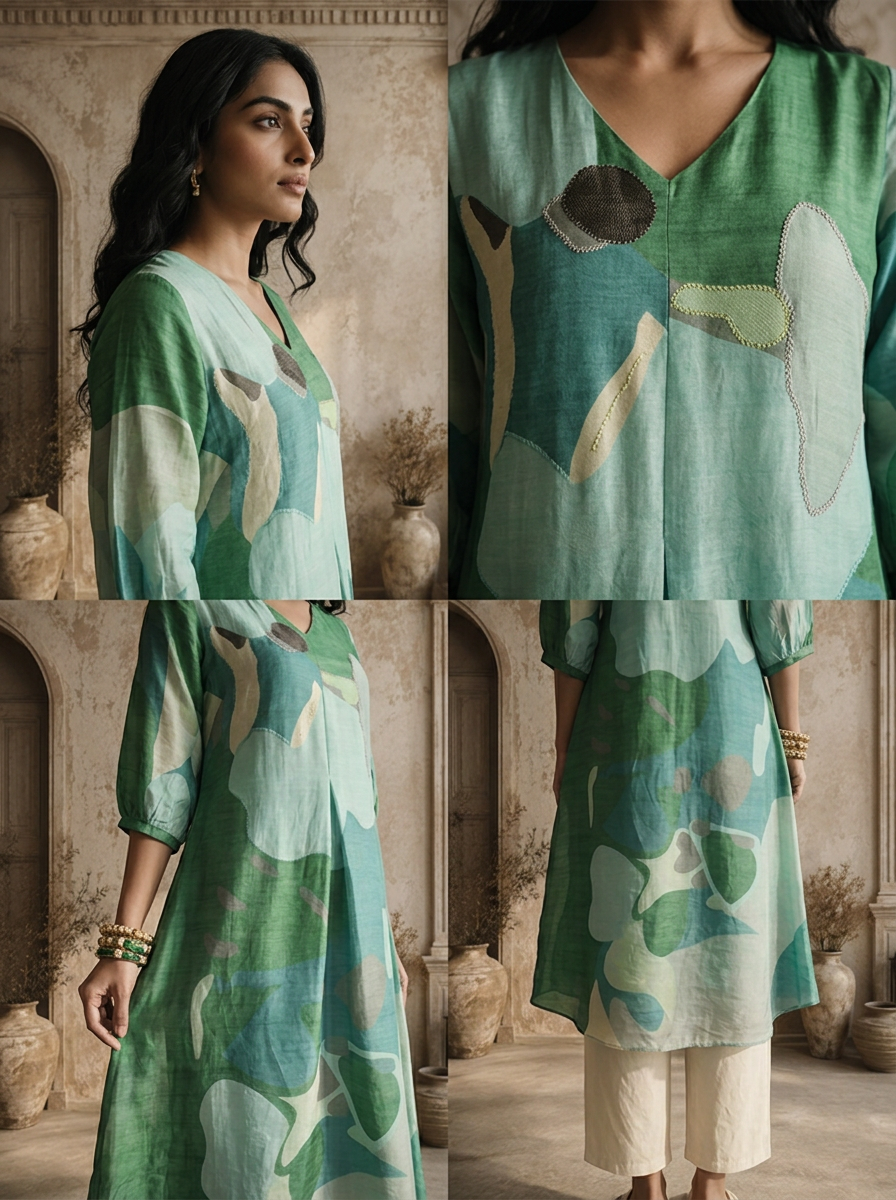 Aqua Silk Abstract Patch Printed Kurta