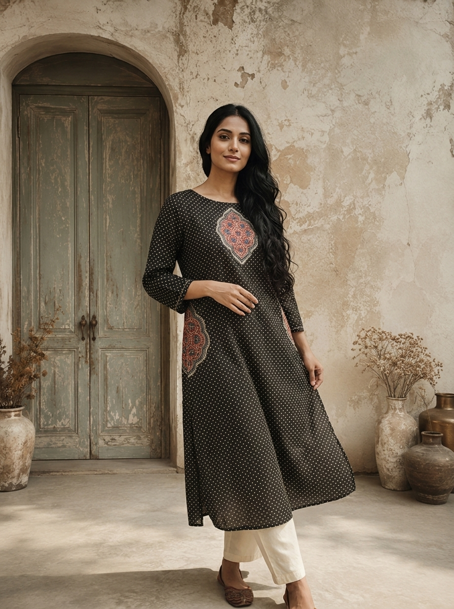 Black Cotton Polka Dot Printed Kurta