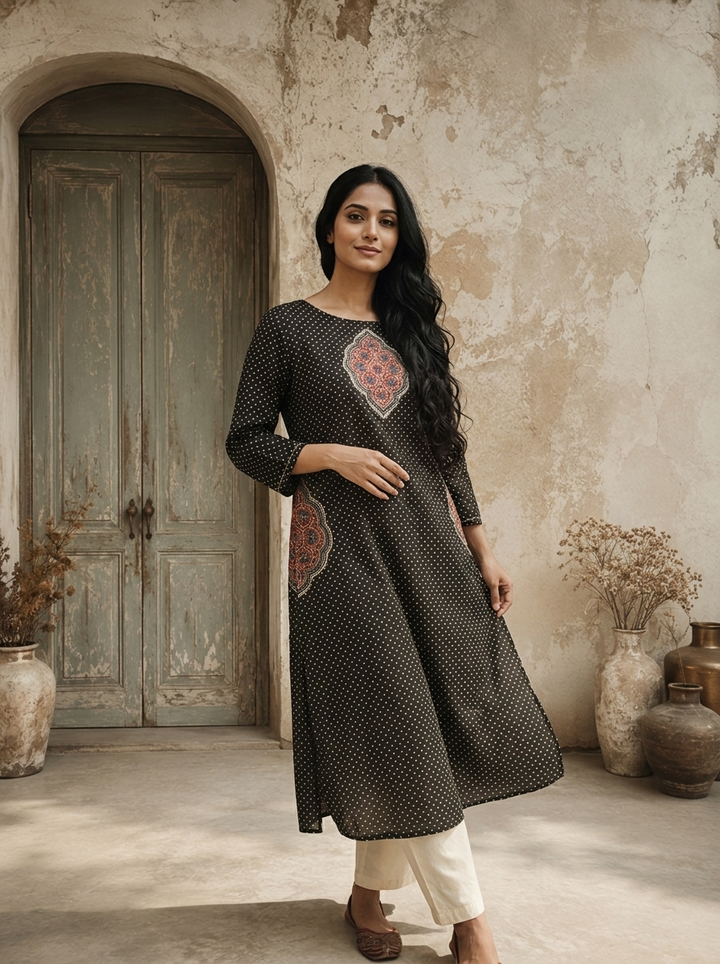 Black Cotton Polka Dot Printed Kurta