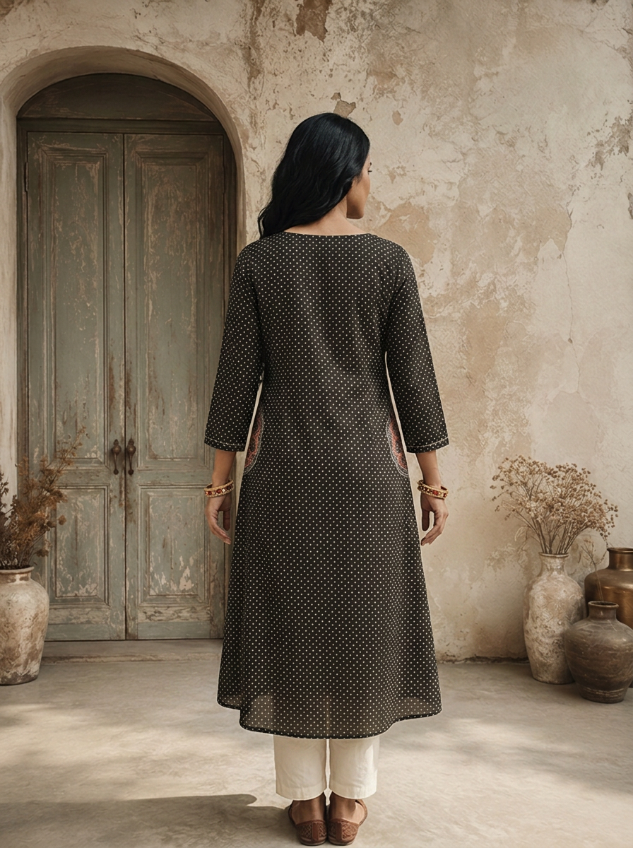 Black Cotton Polka Dot Printed Kurta