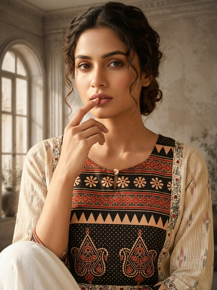 Black Cotton Ajrakh Patch Printed Kurta