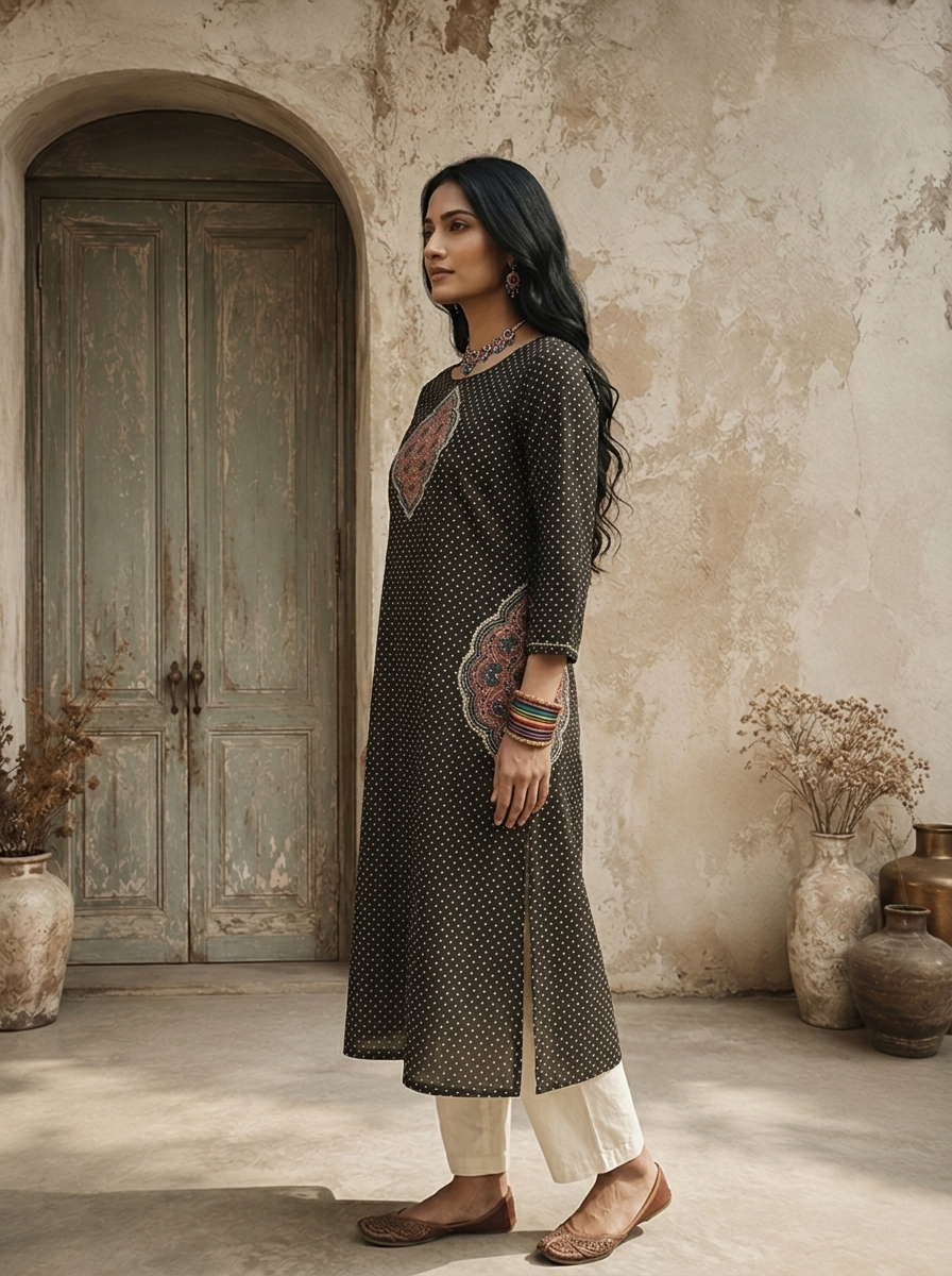 Black Cotton Polka Dot Printed Kurta