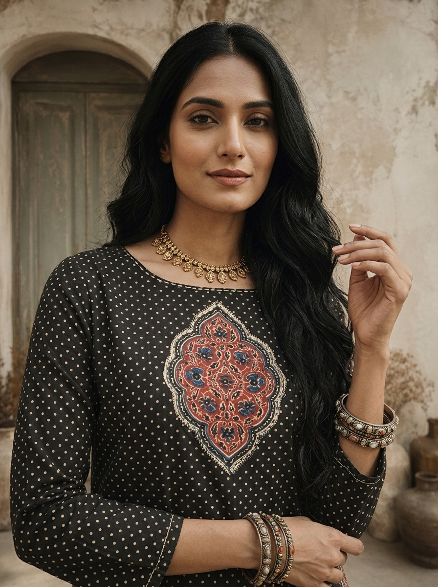 Black Cotton Polka Dot Printed Kurta