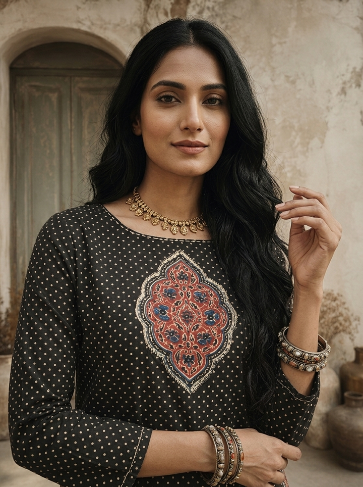 Black Cotton Polka Dot Printed Kurta