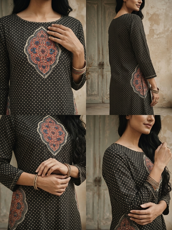 Black Cotton Polka Dot Printed Kurta
