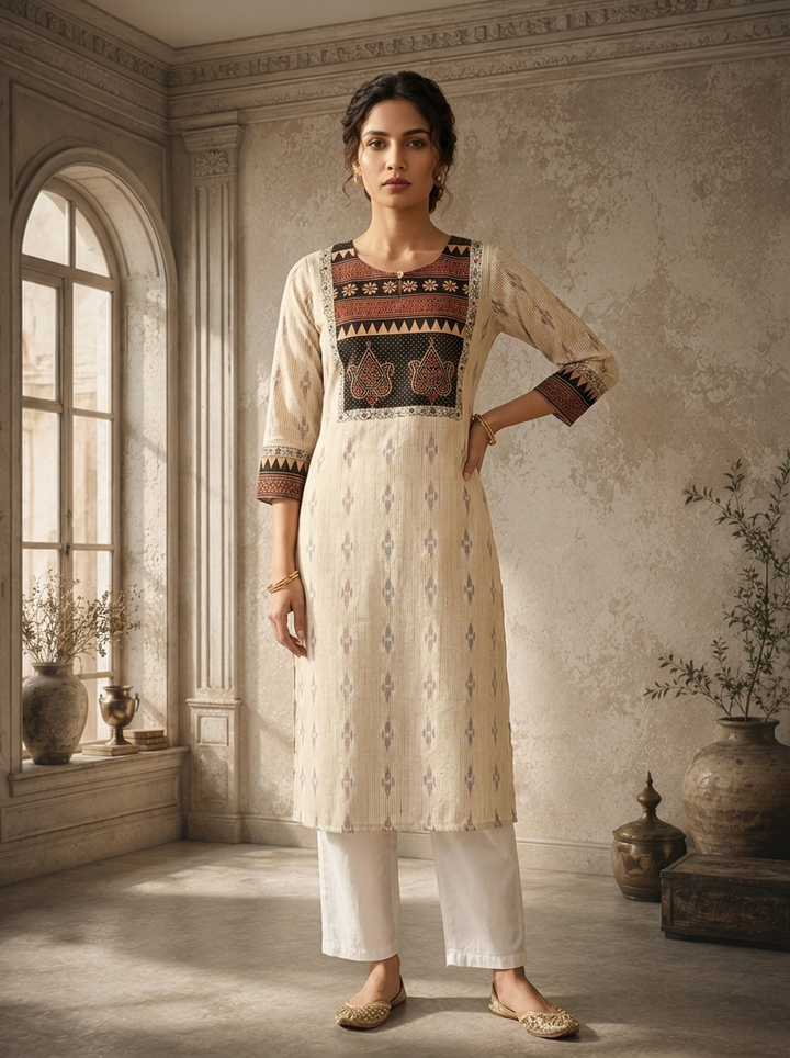 Black Cotton Ajrakh Patch Printed Kurta