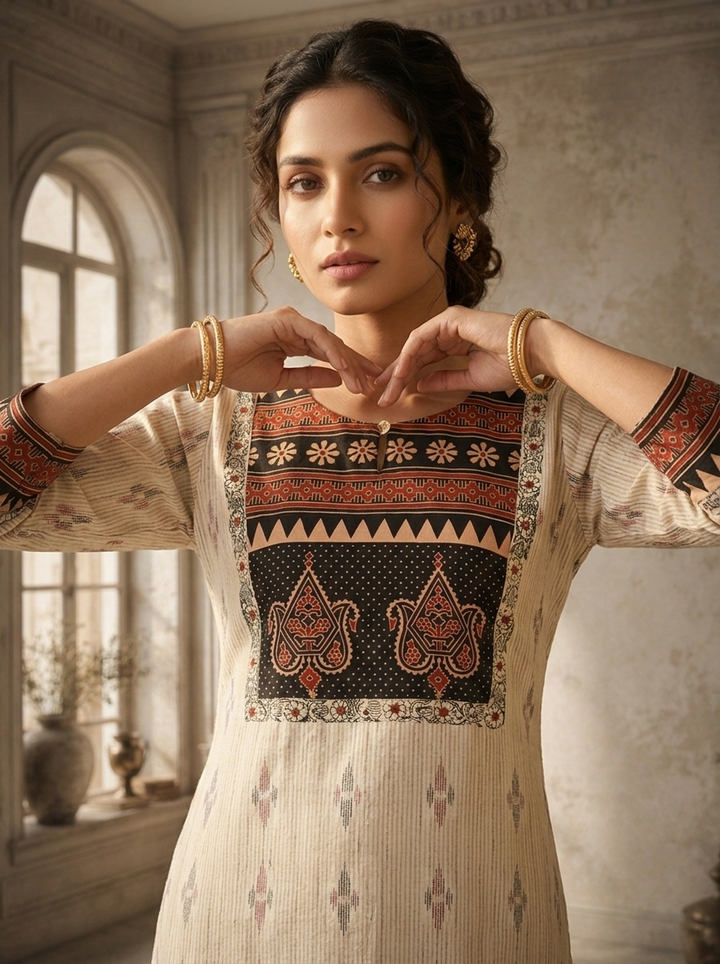 Black Cotton Ajrakh Patch Printed Kurta
