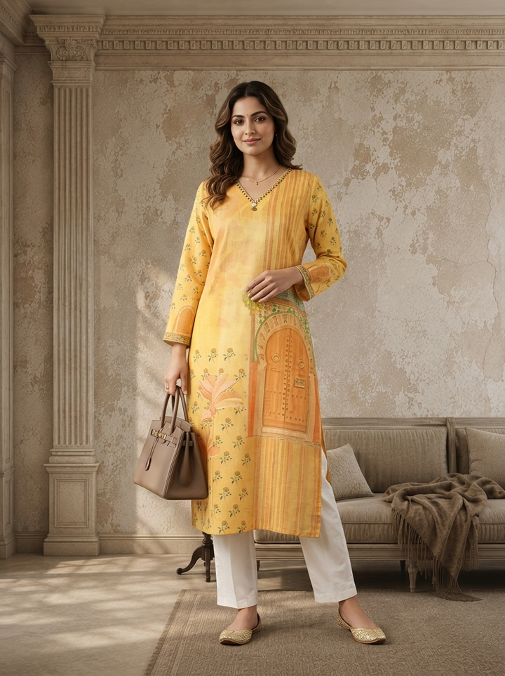 Yellow Cotton Heritage Door Printed Kurta