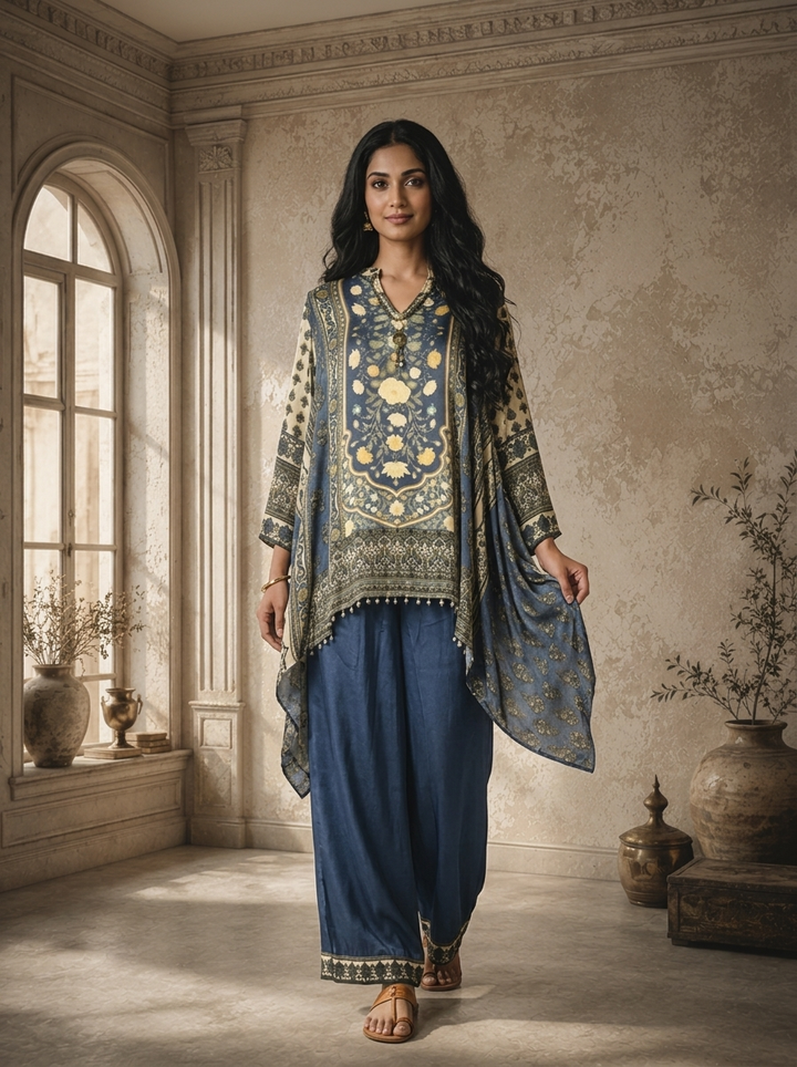 Blue Crepe Floral Panel Printed Two Piece Set