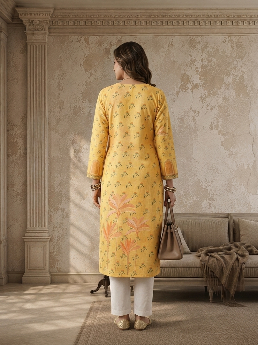 Yellow Cotton Heritage Door Printed Kurta
