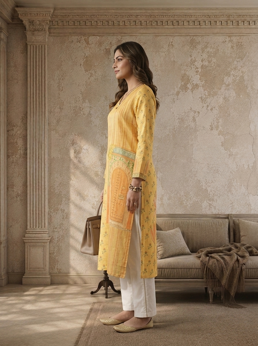 Yellow Cotton Heritage Door Printed Kurta