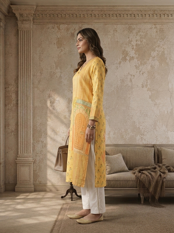 Yellow Cotton Heritage Door Printed Kurta