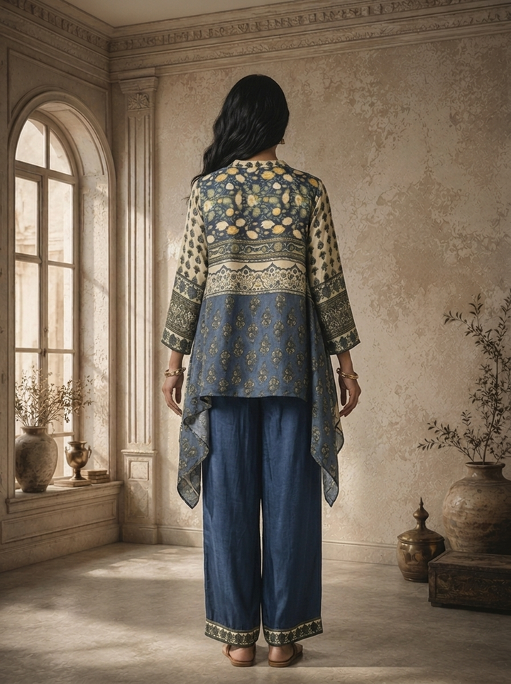 Blue Crepe Floral Panel Printed Two Piece Set