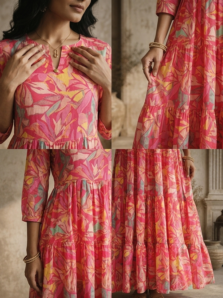 Magenta Cotton Abstract Tropical Leaf And Floral Printed Dress