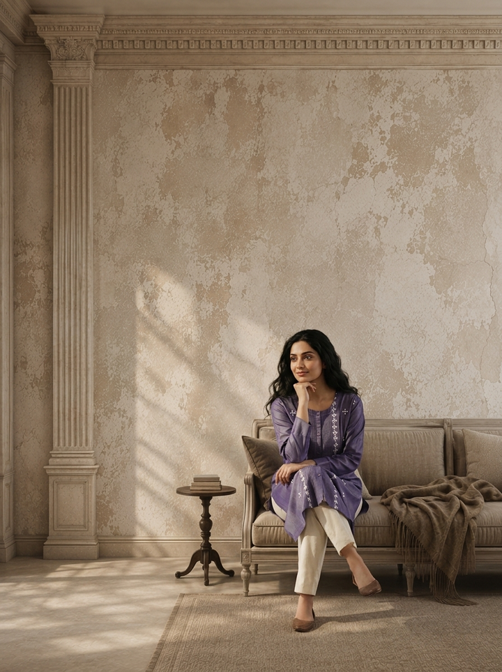 Purple Silk Thread Embroidered Kurta