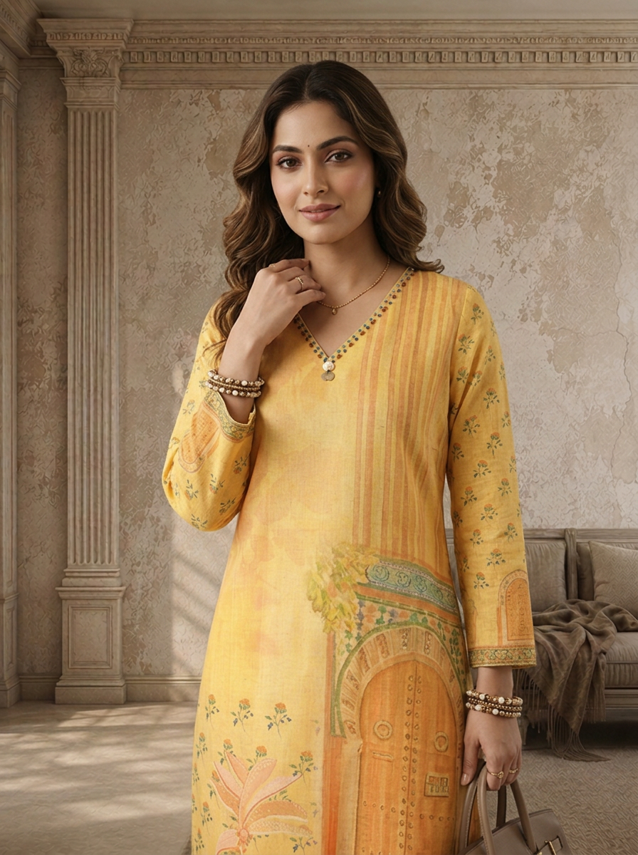 Yellow Cotton Heritage Door Printed Kurta