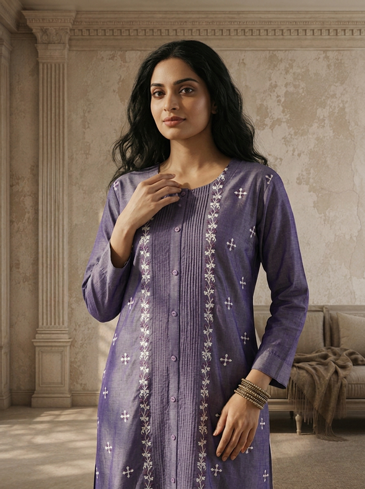 Purple Silk Thread Embroidered Kurta