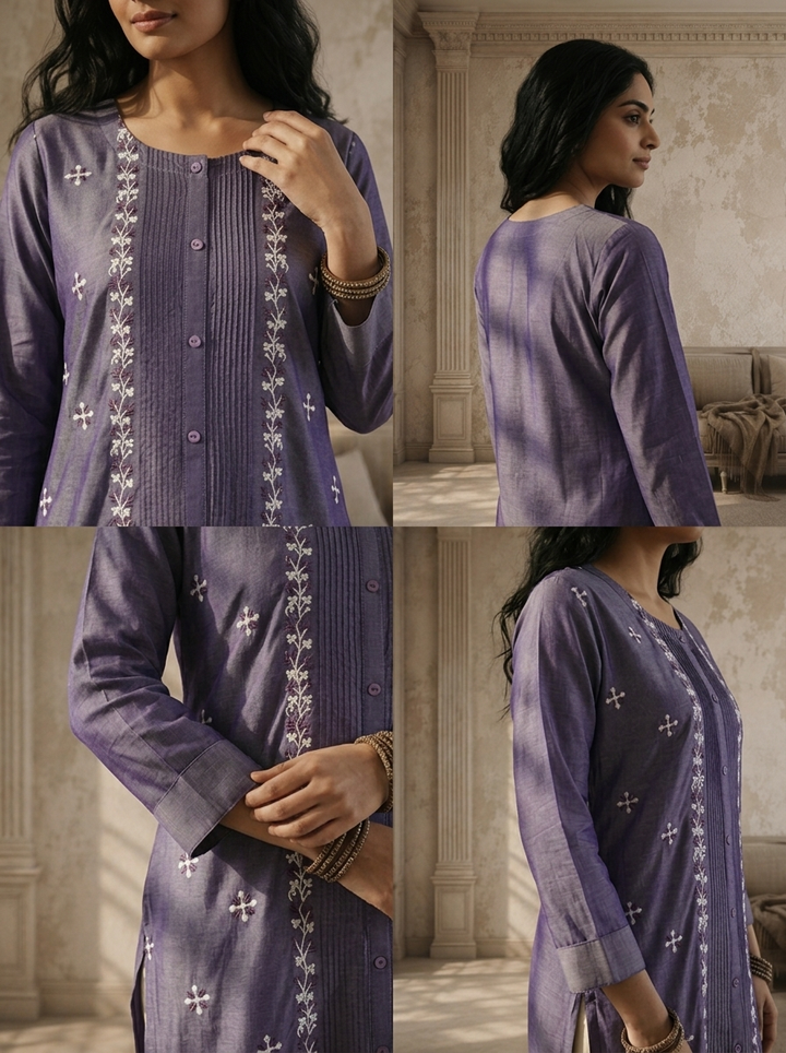 Purple Silk Thread Embroidered Kurta