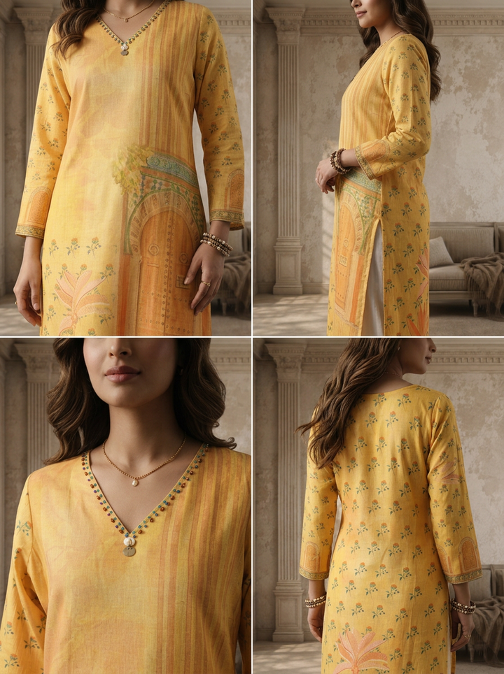 Yellow Cotton Heritage Door Printed Kurta