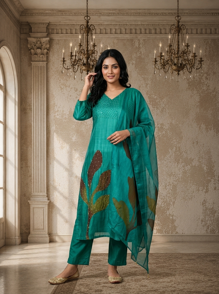 Green Silk Abstract Leaf Printed Three Piece Set