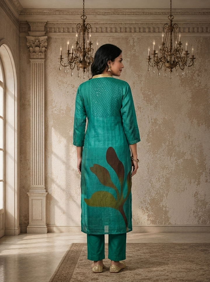 Green Silk Abstract Leaf Printed Three Piece Set